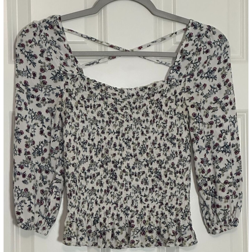 Crave Fame Smocked Peasant Top Junior's Small Floral Multicolor Boho Cottagecore